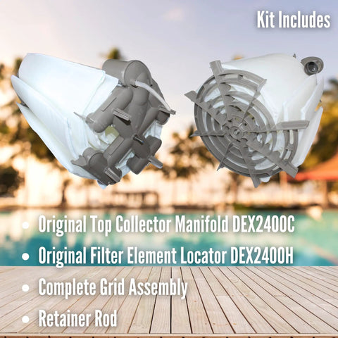 DEX6000DC Cluster Assembly For 60 Sq Ft Pro Grid DE Pool Filter Replacement Element Kit with components displayed