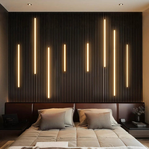 GZBtech [Apapter NOT Included] Flexible Strip Light for Wood Slat Wall Panels 16.4FT illuminating a textured slat wall.