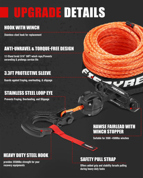 Beefy Heavy Duty 50Ft 3/16 Inch Synthetic Winch Rope Kit With Forged Hook Rubber Stopper And Fairlead 8500Lbs Tensile Strength