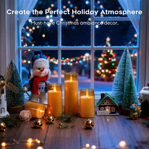Amber LED Flameless Pillar Candles With Remote Timer 5 Pack creating warm holiday glow on festive decorated table by window.