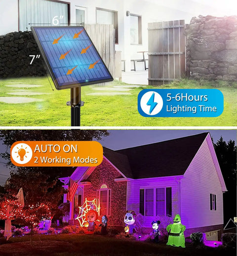 Color Changing Solar Spotlights Outdoor RGB Landscape Lighting Waterproof 6 in 1 Wall Lamp in garden, 5-6 hours lighting time.