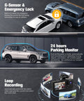 Infographic showing dash cam features: G-sensor with emergency lock, 24-hour parking monitor, and loop recording with images.