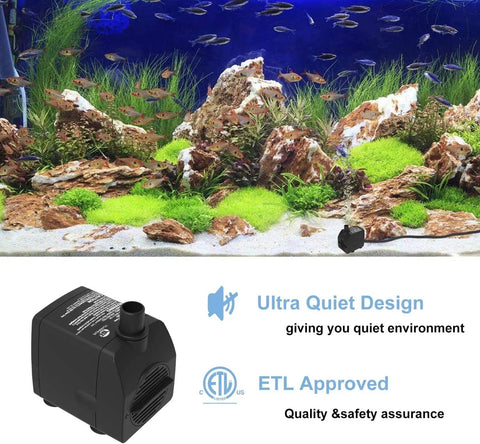 Ultra Quiet Submersible Water Pump With Dry Burn Protection 160 GPH in aquarium, adjustable flow control, low noise operation.