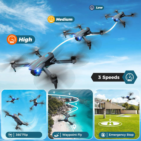 1080P FPV Drone With Camera For Kids And Adults, One Key Takeoff And Landing, 3D Flips, Waypoint Flight over coastal area