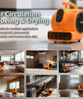 Quarter Horsepower 1100 CFM Air Mover Blower Fan shown in various settings for drying and air circulation, orange color.