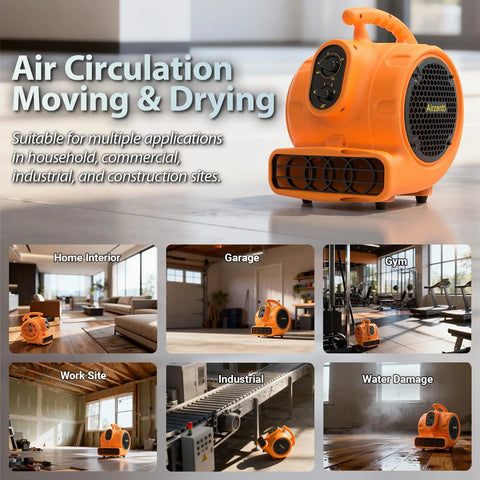 Quarter Horsepower 1100 CFM Air Mover Blower Fan shown in various settings for drying and air circulation, orange color.
