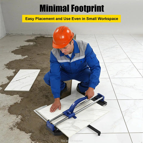 31 Inch Heavy Duty Manual Tile Cutter With Reinforced Tungsten Wheel Cuts Porcelain And Ceramic Floors Straight As An Arrow No Sweat On The Job Site Pro Grade Contractor Tools For Fast Renos in use by contractor.