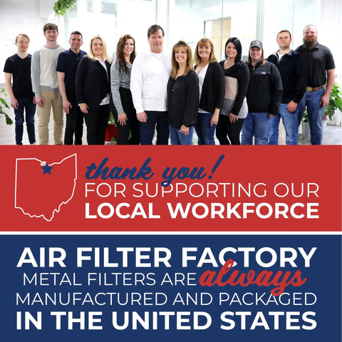 Group of employees with 'Thank you for supporting our local workforce' message, promoting USA-made air filters.
