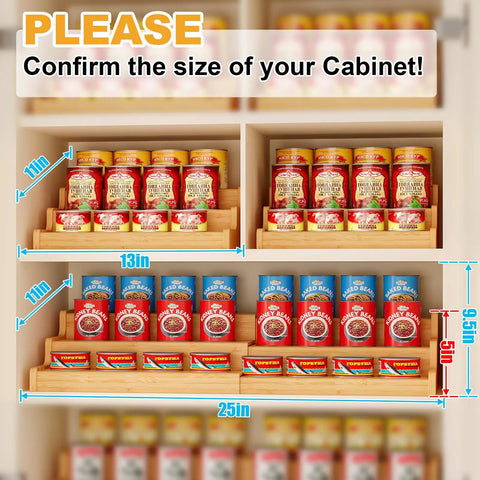 Expandable Bamboo Can Rack Organizer For Pantry With Three Tier Telescopic Design Holds Twenty Four Soda Cans Space Saving kitchen dimensions shown