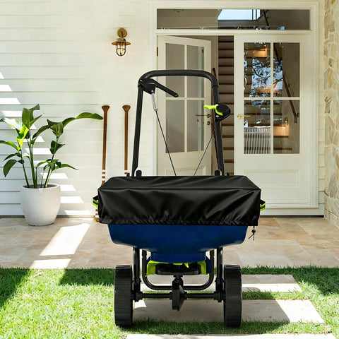 Built Tough Heavy Duty 600D Waterproof Broadcast Spreader Cover For 85-100 Lb seen on spreader in garden setting.