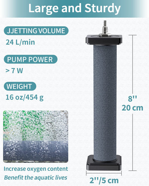 8 Inch Air Stone Cylinder For Large Aquariums Ponds And Garden Circulation Systems 2 Pack With Dense Micro Hole Diffuser For Big Bubbles And Efficient Water Aeration, dimensions and specifications displayed