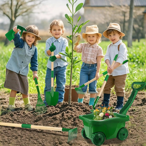 Children using Kid Friendly Garden Tools Set With 7 Piece Wheelbarrow Kit Shovel Rake Leaf Rake Gloves And Spray Bottle For Backyard Fun Designed For Little Garden Heroes Ages 2 3 Plus Green outdoors