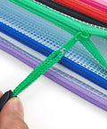 Close-up of 12 Pack Mesh Zipper Pouches With Label Pockets For Office Home And Travel Waterproof A6 Size File Bags
