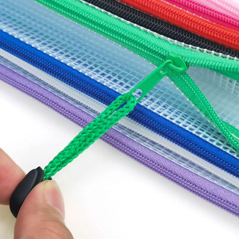 Close-up of 12 Pack Mesh Zipper Pouches With Label Pockets For Office Home And Travel Waterproof A6 Size File Bags