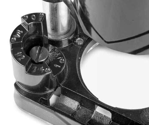 Detailed view of 65mm die-cast Plunge Base Kit for compact trim routers with precision marking, compatible with RT1460 and RT0701C.