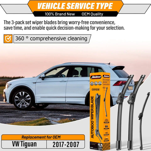 24 Inch And 21 Inch Windshield Wiper Blades With 13 Inch Rear Wiper For VW Tiguan 2007-2017 Pack Of 3 All Weather OEM Quality