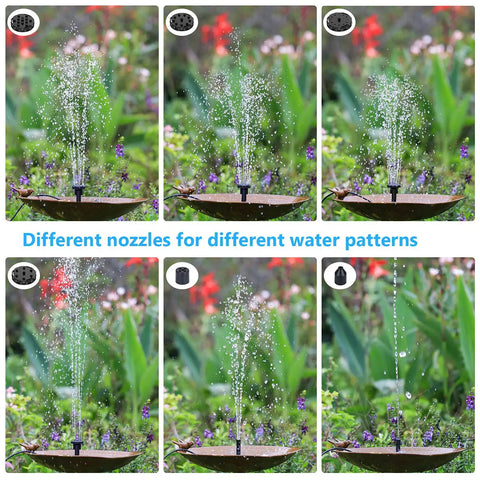 DIY Solar Fountain Pump 2.5W With Six Nozzles And Four Foot Water Pipe For Bird Bath Ponds Garden And Fish Tank Outdoor Solar Powered Water Feature Kit Easy Install No Fuss Setup showing different water patterns