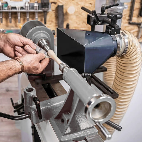 Heavy Duty Universal Woodturning Dust Hood featuring fully adjustable bracket and 100 millimeter hose connector in workshop.