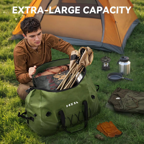 Man packing tent poles into Waterproof Duffel Bag For Outdoor Adventures Kayaking Extra Large 60L Rolltop Dry Bag Green