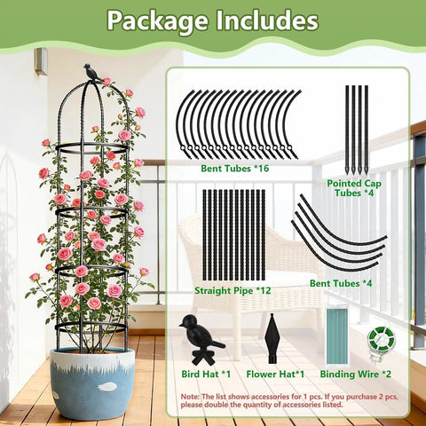 Package contents of Six Foot Rustproof Metal Trellis With Plastic Coated Frame for climbing plants, including tubes and accessories