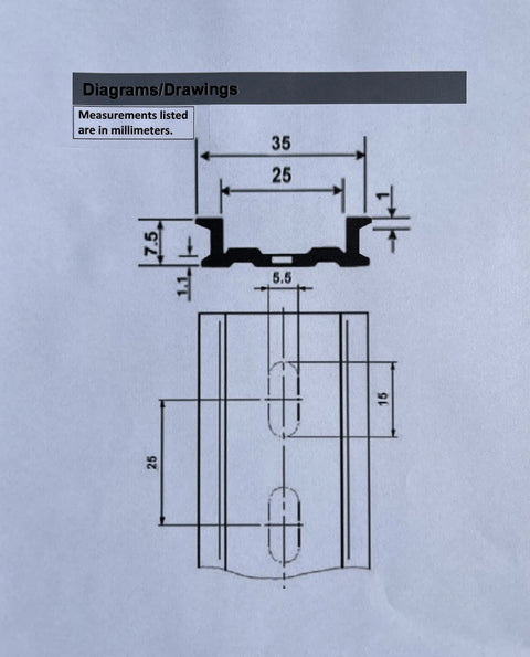 Technical drawing of One Piece DIN Rail Slotted Aluminum RoHS Compliant 12 Inch Long 35 mm Wide 7.5 mm High Silver Mounting Rail