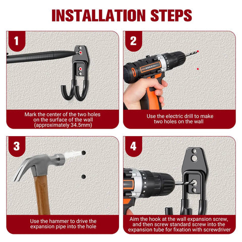 Installation steps for Six Pack Garage Storage Hooks Heavy Duty Wall Mount Organizer showing tools and mounting process on wall.