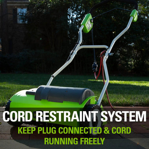 10 Amp 14 Inch Corded Electric Dethatcher with Stainless Steel Tines for a Healthier Lawn on a paved outdoor area