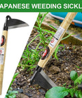 Versatile Hand Weeding Tool With T And L Shaped Blades 13x33cm for garden tasks, composite steel blade, wood handle in use with plants