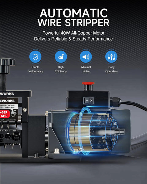 Automatic Wire Stripper Machine With 8 Channels For Copper Cable, 5 Ultra Sharp Blades, All Copper Motor, showcasing powerful 40W motor.