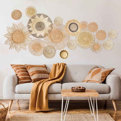 Boho Basket Round Wall Decals Set Of 18 Peel And Stick Removable Wall Stickers for Bedroom and Office Modern Rustic Decor Vibe Colorful Art