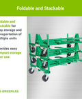 Heavy Duty Mobile Conduit And Pipe Rack Featuring Badass Seven Bin Jobsite Organizer With Hella Smooth Swivel Casters Fully Foldable Stackable Setup For Crews, green foldable and stackable rack with smooth casters.