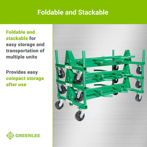 Heavy Duty Mobile Conduit And Pipe Rack Featuring Badass Seven Bin Jobsite Organizer With Hella Smooth Swivel Casters Fully Foldable Stackable Setup For Crews, green foldable and stackable rack with smooth casters.