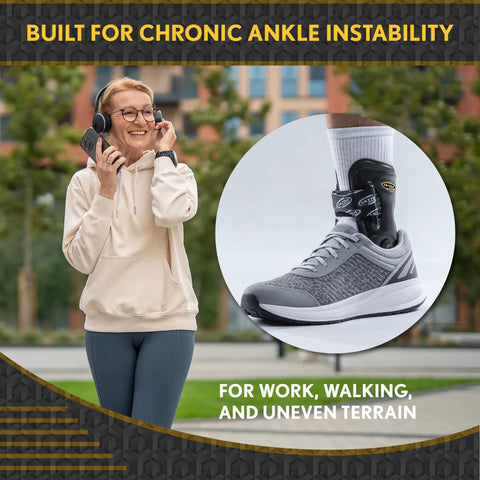 Woman using phone outdoors with a focus on a Rigid Ankle Brace For Daily Stability To Combat Chronic Instability Fits Work Boots And Hiking Boots Built For Active Aging Adults Keeps You Steady All Day And Delivers Durable Confidence On Every Step