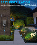 12 Pack Low Voltage Landscape Lights Kit 6W LED Warm White 3000K illuminating a garden path at night with installation view