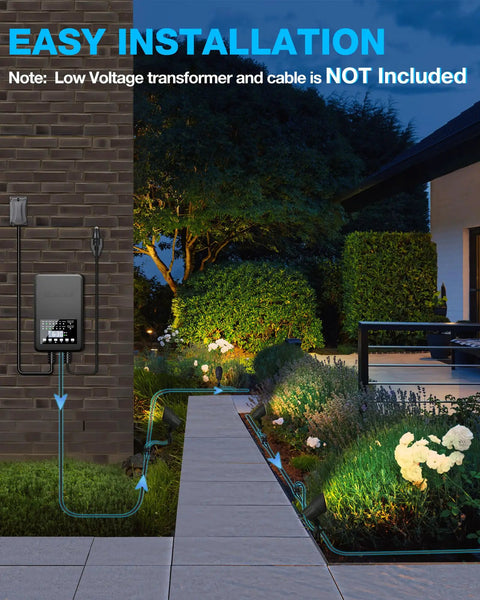 12 Pack Low Voltage Landscape Lights Kit 6W LED Warm White 3000K illuminating a garden path at night with installation view