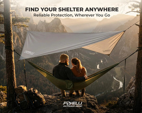 Lightweight Hammock Rain Fly Waterproof Shelter For Camping And Backpacking with Easy Setup over a couple in sunset
