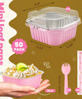 Heavy Duty Square Aluminum Foil Cake Pans 50 Pack Hot Pink 10oz with secure lids, perfect for baking and serving.
