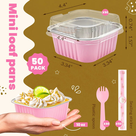 Heavy Duty Square Aluminum Foil Cake Pans 50 Pack Hot Pink 10oz with secure lids, perfect for baking and serving.