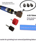 Pro Shop Air Straight Die Grinder Cranks Hot At Twenty Thousand Rpm With Rear Exhaust And Locked Collet System For Swift Grinding Quick Polishing And Tight Fabrication Work with multiple replaceable chucks.