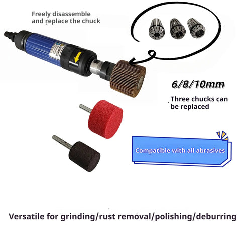 Pro Shop Air Straight Die Grinder Cranks Hot At Twenty Thousand Rpm With Rear Exhaust And Locked Collet System For Swift Grinding Quick Polishing And Tight Fabrication Work with multiple replaceable chucks.