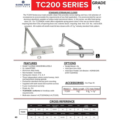 Compact Workhorse Door Closer With Adjustable Spring Tension And Aluminum Finish ADA Ready Non Handed And Reversible Easy Install For Aluminum Wood Or Hollow Metal Doors Includes Wood And Machine Screws Sizes 1 To 4 - TC200 Series illustration with features list and accessories
