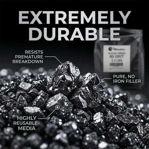 Silicon Carbide Sandblasting Media Pro Grade 60 Grit with close-up of sharp black grit highlighting durability and reuse benefits.
