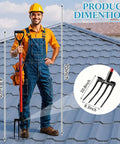 Knock Down Any Roof Job With This Pro Grade Two Pack Four Tine Tear Off Tool And Garden Spading Fork Sporting A Thick D Grip Handle For No Sweat Shingle Removal And Yard Chores, showing dimensions and usage on a roof.
