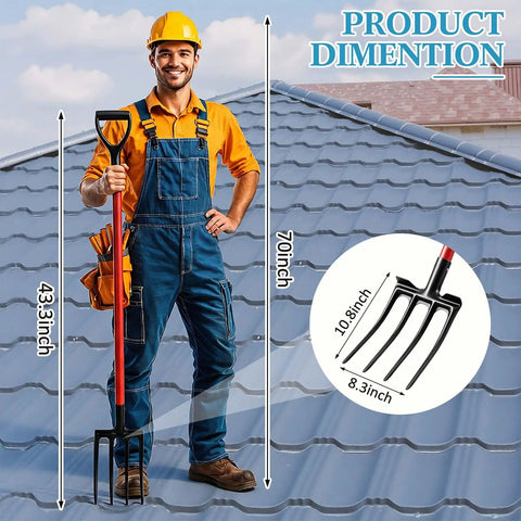 Knock Down Any Roof Job With This Pro Grade Two Pack Four Tine Tear Off Tool And Garden Spading Fork Sporting A Thick D Grip Handle For No Sweat Shingle Removal And Yard Chores, showing dimensions and usage on a roof.