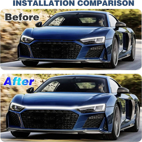 Installation comparison of car with and without Lit 70 Inch 12V LED Hood Light Strip With Flexible Waterproof Design