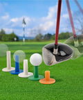 Golf Rubber Tees Practice Set With Mixed Size Tees In 5 Colors for indoor outdoor use shown with tee heights and golf club