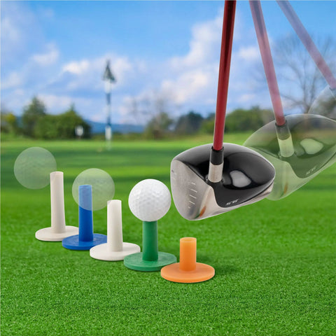 Golf Rubber Tees Practice Set With Mixed Size Tees In 5 Colors for indoor outdoor use shown with tee heights and golf club