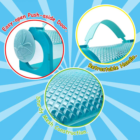 Features of Two Piece Bug Catcher Kit For Kids showing easy-open door, retractable handle, and sturdy mesh construction.