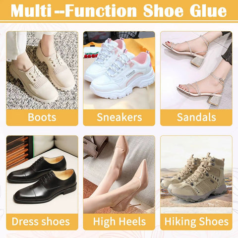 Waterproof Shoe Glue Kit For Sole Repair With Slow Drying Adhesive For Sneakers Boots Leather Bags And Heels Fix, Flexible Pro Grade Bond That Fully Cures In 24 Hours, Easy To Use And Durable. Various shoe types shown: boots, sneakers, sandals, dress shoes, high heels, hiking shoes.