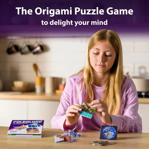 Girl playing Origami Puzzle Game For Brain Teasers Teens And Adults, 100 Puzzles With Five Difficulty Levels, Travel Friendly STEM Toy